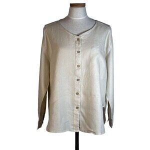 Grae Cove Tan Linen Boxy Lagenlook Top  Blouse Large NWT Layering Button Front